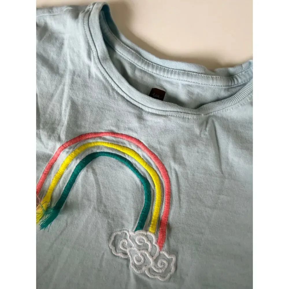 Tea Collection Girls Blue Embroidered Rainbow Tee Shirt Size 12